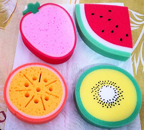 purifyou Premium Kids & Baby Bath Sponge, Set of 4 Fun Fruit Sponges (Set of 4, Assorted Fruits)