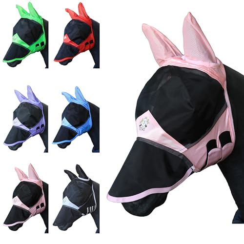 T TEKE Fine Mesh Horse Fly Mask w/Ears & Nose UV Blocking 3D Eye Visor with Extra Fleece Cushioned Forehead Protection from Insect Pests