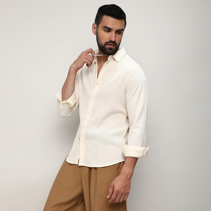 Image of CAHOOT Men's Self-Design Striped Shirt for Casual Wear | Spread Collar | Long Sleeve | Button Closure | Shirt Crafted with Comfort Fit for Everyday Wear