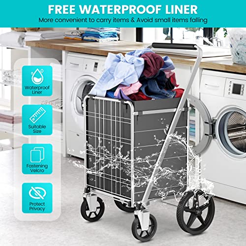 [2023 New] Folding Shopping Cart For Groceries, Large Grocery Cart With 360° Swivel Wheels And Waterproof Liner, 300 Lbs Heavy Duty Utility Carts For Shopping, Laundry, Transport #TOP1