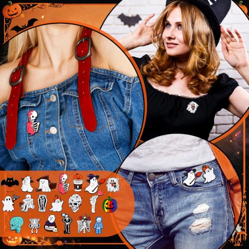 Image of 20 Pcs Halloween Pins Skull Spooky Skeleton Horror Dark Goth Ghost Brooch Pins for Women Men Bag Jacket Backpack Hat Pant Clothes Accessories