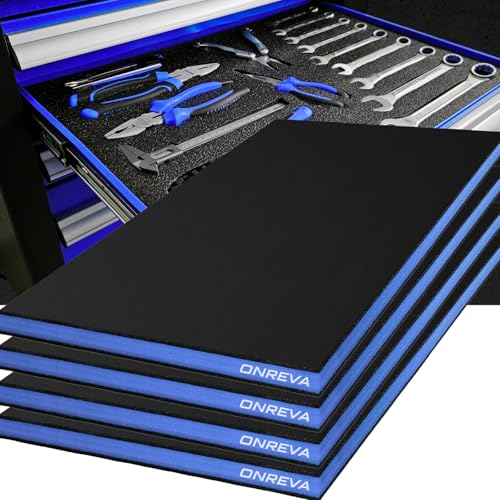 ONREVA Tool Box Foam 16x12x1 inch 4Pack Foam Inserts for Cases Polyethylene Storage Sheets for Toolbox Hard Case Tool Shadow Insert Kaizen Organizer Sheet Black with Blue