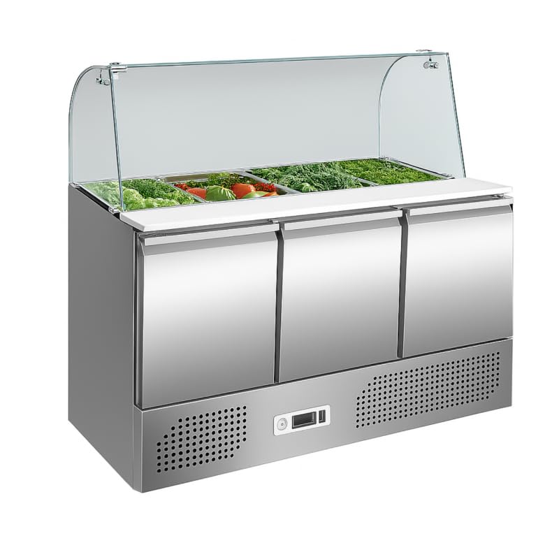 Générique Saladette Refrigerata Professionale 3 Porte con Vetro Bombato GN 1/1-368 Litri