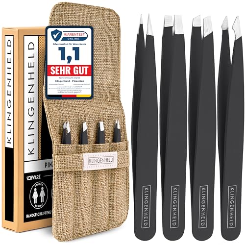 KLINGENHELD Präzises Pinzetten-Set mit handgeschliffenen Spitzen - Perfekt für alle Anwendungsbereiche - inkl. Baumwoll-Etui 100% plastikfrei & nachhaltig - Pinzette Augenbrauen zupfen 21 Farben