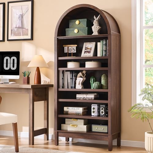 IFGET 71' Tall Arched Bookshelf, 7 Tiers Arch Bookcase with Storage, Modern Farmhouse Book Shelf with Adjustable Shelves, Wood Bookshelf w/Open Display Shelves for Living Room, Office (Brown)