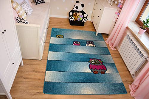 Tapis Kids hiboux bleu 140 x 190 cm C412 pour chambre d'enfant