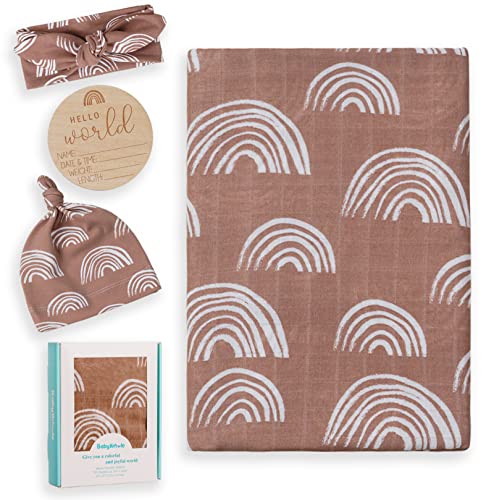 Babywhale Muslin Swaddle Blanket With Hat And Headband Bow, Boho Rainbow Pattern Swaddle Set For Baby Boys ＆ Girls, Unisex Silky Soft Breathable Receiving Swaddle Wrap, 47X47 Inches, Brown #TOP19