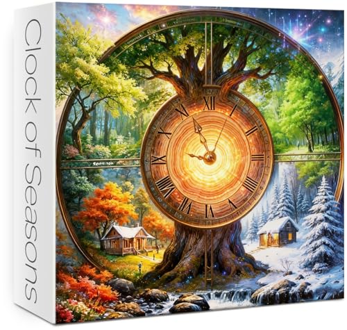 Rompecabezas de Reloj con Paisaje de las Cuatro Estaciones para Adultos, 1000 Piezas. Escena Fantástica del Árbol de la Vida. Rompecabezas Desafiantes de Bosque, Río, Naturaleza y Arte