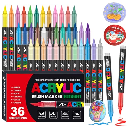 Marcadores Acrílicos 36 Colores – Rotuladores de Pintura Acrílica con Punta Brush 1-5 mm de Tinta, Secado Rápido e Impermeables – Estuche Organizador para Roca, Madera, Vidrio, Tela, Lienzo y Más