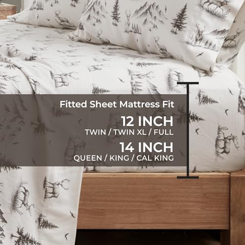 Image of Woolrich Cotton Sheet Set Cottage Charms Print, 100% Cotton Flannel Sheets Warm & Fuzzy Bedding Set Queen Size Sheets, Fitted Pocket Fits Up to 14 inch Mattress, Queen Gray Deer Toile 4 Piece