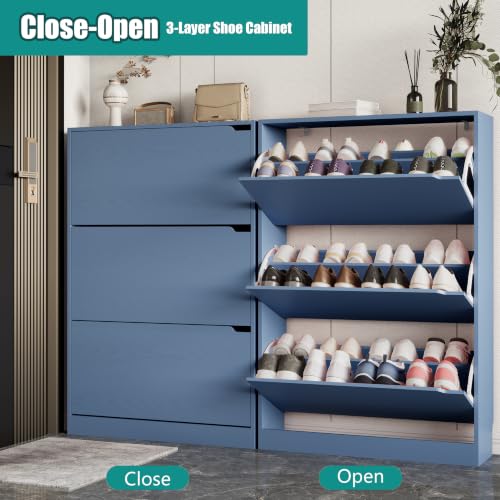Image of Xixini Shoe Storage Cabinet for Entryway with 3 Flip Drawers, Sturdy Wood Hidden Shoe Storage, Freestanding Narrow Slim Shoe Organizer for Front Door Entrance, Living Room, Hallway, Bedroom, Blue