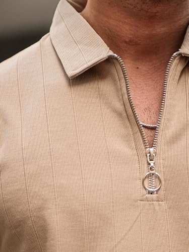 Image of Maniac || Mens || Textured || Polo Neck || 3 /4th Sleeve || Half Zipper || Cotton || T-Shirt