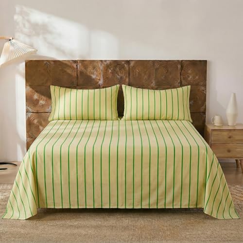 Image of Merryword 100% Cotton Sheet Set Full Size, Khaki & Green Stripes Bedding, Soft Breathable Percale Weave, Modern Minimalist, Luxury Linen Like, Deep Pocket Fitted Sheet 17.5 inch