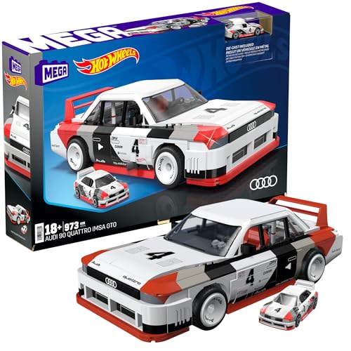 ?MEGA Hot Wheels Collectible Car Building Toy, Audi 90 Quattro IMSA GTO with 973 Pieces and Die-Cast Model, Build & Display Set for Collectors, Red