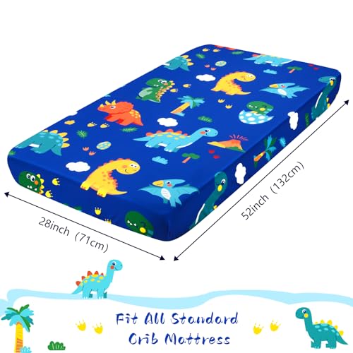 Image of Cloele Dinosaur Fitted Crib Sheet,Blue Baby Sheet, 52x28in | Soft Cozy, Standard Crib and Toddler Mattresses,Blue Nursery Bed Toddler Sheet, For Boys Girls