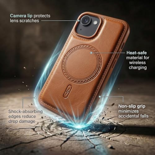 Image of amazon basics Premium PU Leather Case for iPhone 17 Air, MagSafe Compatible Magnetic Ring, Sleek Protective Back Cover - [Tan]