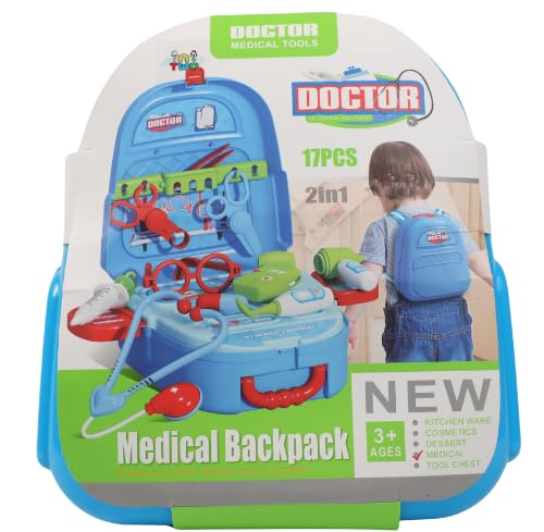 2-in-1 Kids Medical Backpack Play Set - 17 Pieces with Doctor Tools, Stethoscope, Syringe, Thermometer, Medical Accessories, and More - Portable Blue Kit for Role Play, Learning & Fun