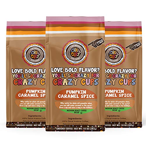Crazy Cups Decaf Flavored Ground Coffee, Decaf Pumpkin Caramel Spice Coffee, in 10 oz Bags, For Brewing Flavored Hot or Iced Decaffeinated Pumpkin Spice Coffee, 3 Pack