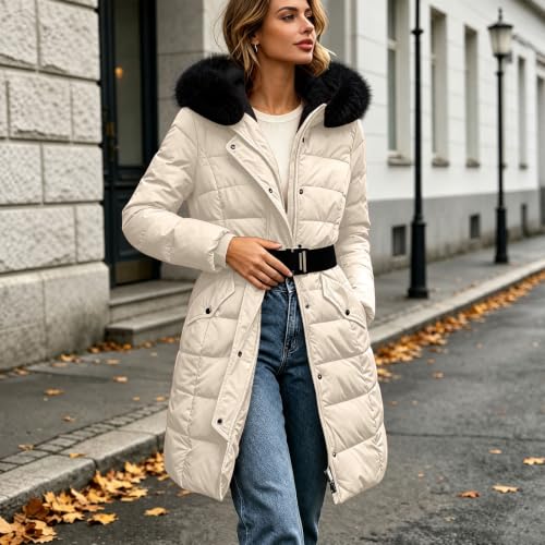 Puffer Jacket Womens Lightweight Long Quilted Coat with Faux Fur Hood Belt | Womens Faux Fur Hood Belted Puffer Coat with Snap Zip Front, Flap Pockets, and Mid-Length Warmth for Fall Layering. - image 3