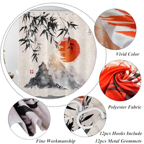 Lb Japanese Shower Curtain Black Bamboo Bath Curtain Red Sun And Mountains Asian Ink Painting Anime Bathroom Curtain Set With Hooks,72X72 Inch Waterproof Fabric thumb #3