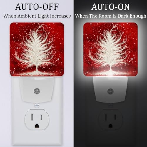 Image of NEWzone Christmas Tree Red Night Light Set of 2, Auto Sensor LED Dusk-to-Dawn Nightlights, Plug-in Sensor Lamp for Bedroom Bathroom Kitchen Hallway Stairs Decorative