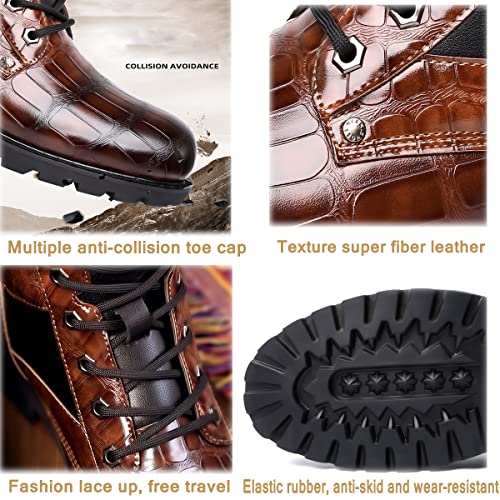 Image of Hopomart Men's Cowhide Printed Pattern Boots,Men's High Top Casual Leather Boots,Waterproof Lace Up Formal Shoes