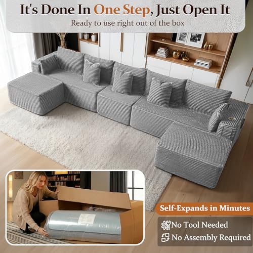 Image of 168 inch Cloud Sectional Couch, Comfort U Shaped Sofa for Living Room, Extra Deep Seats No Assembly, Minimalist Modular Couch, Corduroy (Light Grey, 7 Seats,U-Shape A)
