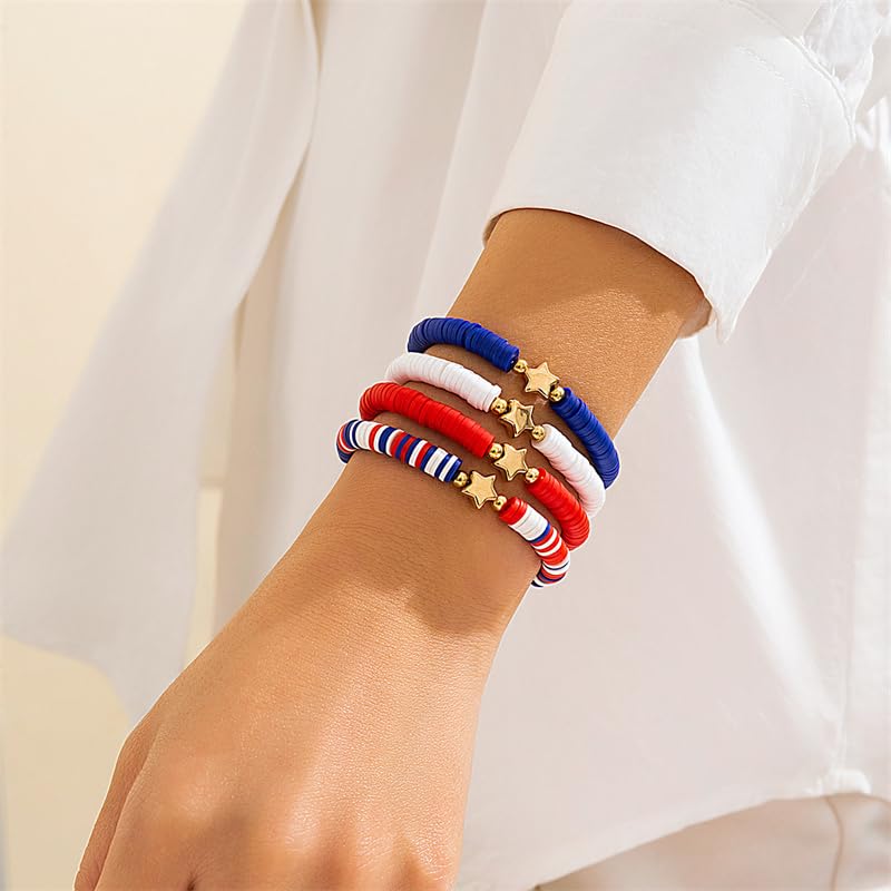 4th of July Summer Beach Heishi Surfer Bracelets Set for Women America Patriotic Flag Clay Beaded Stretch Bracelet Red White Blue Star Stackable Charm Bangle Independence Day Gifts3