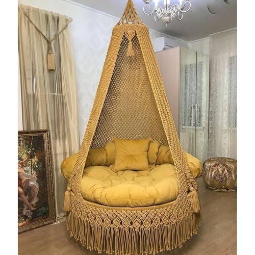 Image of KAAHIRA Bohemian Macrame Hanging Swing Chair- Aesthetic Cotton Rope Hammock for Indoor & Outdoor - Patio, Balcony, Bedroom, Living Room, Garden-Kids, Adults & Pets - Boho Decor (Yellow)