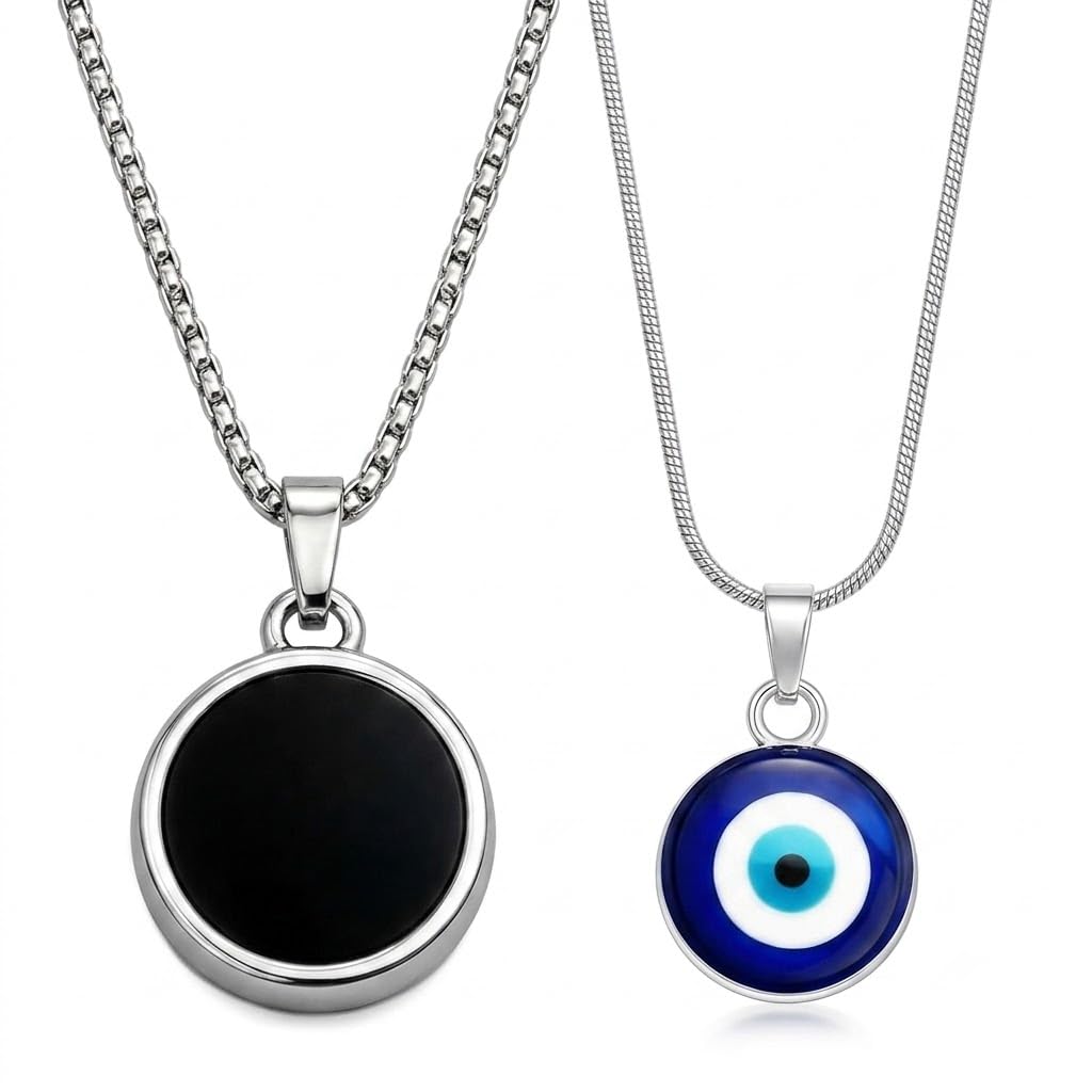 Evil Eye and Black Onyx Round Pendant Necklace Set of 2 for Men Nazar Protection Charm Stainless Steel Finish Fashion Jewelry Gift for Him-image-46