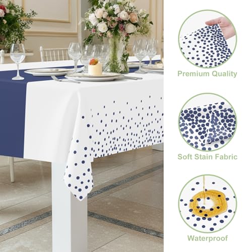 Image of Smiry Plastic Table Cloth Disposable 5 Pack, 54 x 108 Inch Rectangle Waterproof Tablecloth, Printed Gold Table Runner Style for Birthday Weeding, Party Decorations, Leakproof & Sturdy, White and Navy