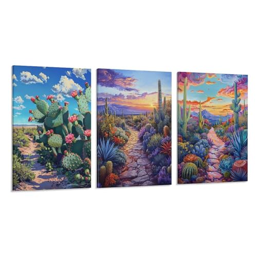3枚 密生するサボテン 絵画 インテリア ポスター 美しい自然の風景 植物イラストアート アートパネル 風景画 自然風景 絵 アートポスター 装飾画 キャンバス 飾り絵 壁飾り 壁の絵 玄関 壁掛け 木枠付きの完成品 50x75cm