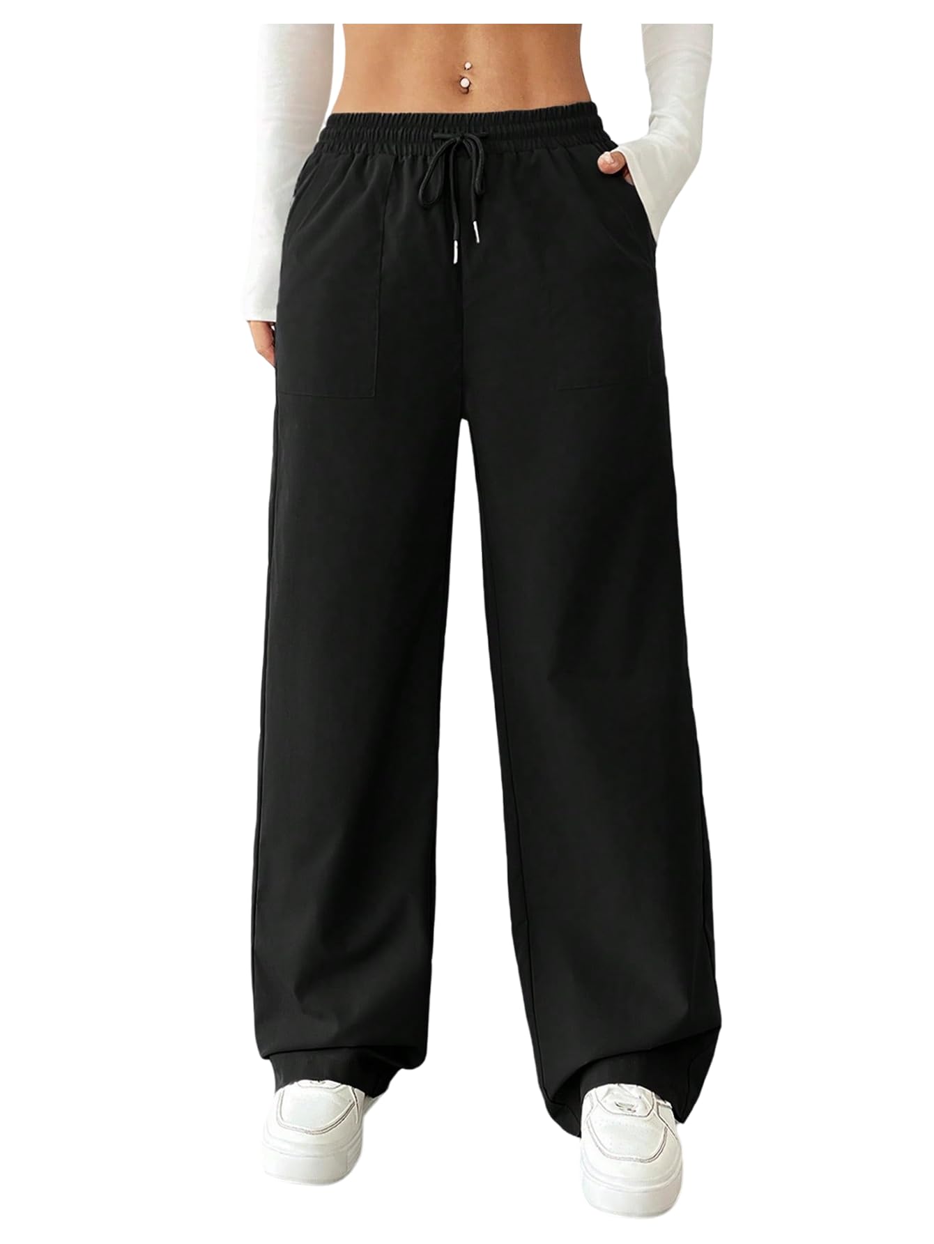 Womens Wide Leg Pants Straight Drawstring Elastic Waisted Baggy Mid Rise Casual Trousers