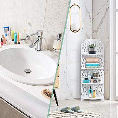 Yosoo Health Gear 4-Tier Freestanding Corner Shelves, 4 Tier Wood Freestanding Corner Rack Modern Carved Corner Shelf Unit Rack Display Storage Shelf for Living Room Office Bathroom Corner (White)