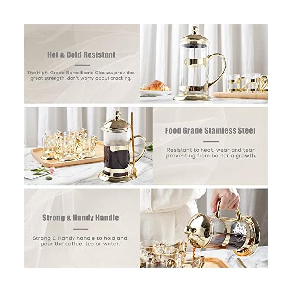 DUJUST French Press Kaffeepressen [1L] mit 304 Edelstahllöffel, Luxuriöses Gold Design Kaffeemaschine, 4-stufigem… – Bild 5