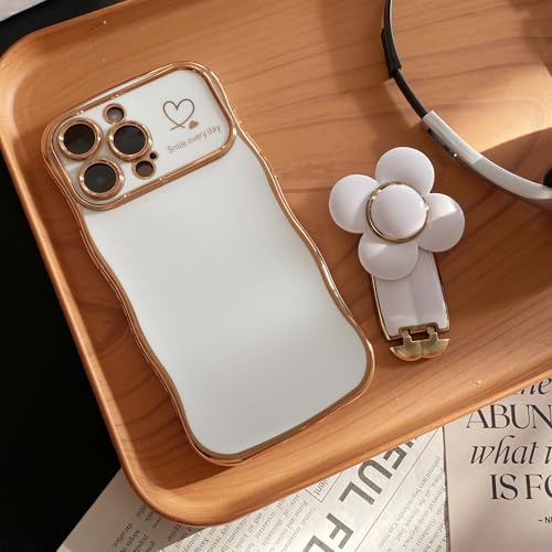HAUDING Compatible with iPhone 16 Case with Stand 360° Rotatable Relief Flower Ring Holder, Hidden Pull Phone Kickstand, Luxury Gilt Edge Line, Cute Wavy Design for Women and Girly by HAUDING - Used condition - Image 2