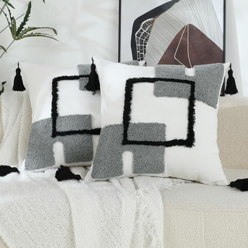 Neutral Black and Grey Throw Pillow Covers 20x20 Raised Tufted Embroidery Boho Pillow Covers with Tassels Modern Farmhouse Decorative Pillow Covers Set of 2 for Couch Sofa Bed Outdoor