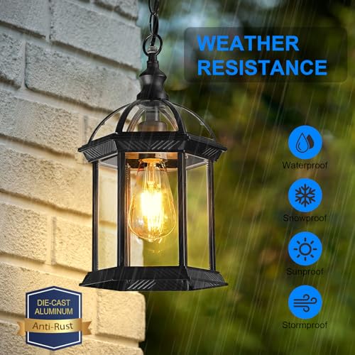 Outdoor Pendant Light Fixtures for Porch Front Door Patio Foyer Entryway Kitchen Island, Waterproof Farmhouse Exterior Hanging Lights with Adjustable Chain Anti-Rust Ceiling Mount Lantern(1 Pack)