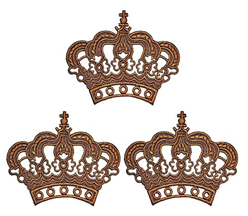Umama Patch Set of 3 Cute Brown Crown King Princess Cartoon Sticker Fabric Crown Iron On Embroidered Patches Appliques Machine Embroidery Needle craft Projects Boys Girls Kids DIY
