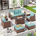 VONZOY 6 Pieces Patio Furniture Set with 44" Gas Fire Pit Table, Outdoor Sectional Conversation Sets, All-Weather Wicker Rattan Sofa w/Gas Fire Pit, Ottoman, Thick Cushion Light Blue