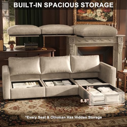 Image of 128'' Faux Leather Modular Sectional Sofa Bed Sleeper with Storage, Oversized Mid Century Modern Leather Sectional Couche for Living Room, 6 Seater Deep Seat Couch with 2 Storage Ottoman, Beige