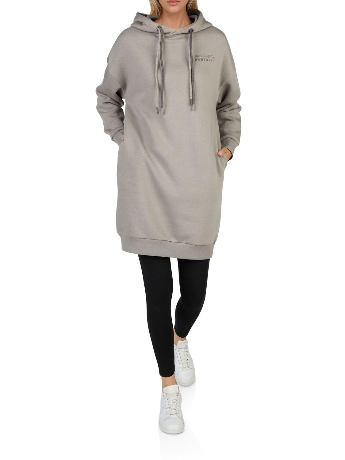 DENIMFY Hoodie Damen lang Oversized DFAnna Kapuzenpullover Pullover Sweatkleid Kapuzenkleid Streetwear Print Beige Schwarz Grün S M L XL XXL 3XL