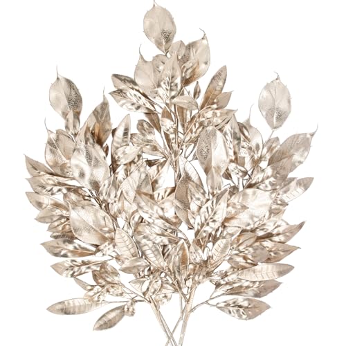 5 Pcs Fake Leaves Plants for Christmas Decor 20 Inch Metallic Gold Artificial Magnolia and Bay Leaves Faux Tropical Leaves with Stems for Holiday Decor Christmas Mantle Garland Wreath - Champagne