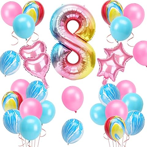 8 Balloons Birthday Girl, 40 Inch Large Gradient Foil Balloon Birthday Party Decorations, Helium Mylar Number 8 Balloon Digital with Pink Blue Agate Latex Balloons and Ribbons ((Number 8) Cover
