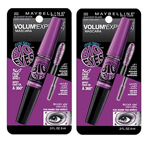 Maybelline New York Volum Express Falsies Big Eyes Washable Mascara, Blackest Black [202] 0.30 oz (Pack of 2)