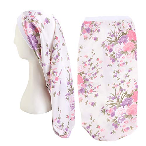 Extra Long Satin Bonnet Sleep Cap Long Bonnet for Braids Hair Loose Cap (White Flowers)