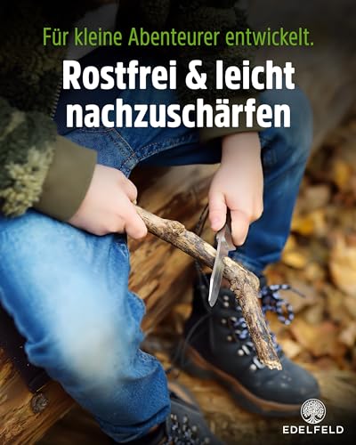 EDELFELD - Das Original - Schnitzmesser Kinder ab 6 Jahre - Sicheres Taschenmesser Kinder mit Fingerschutz - Schnitzmesser für Links- & Rechtshänder - Kinderschnitzmesser inkl. Scheide & Schnitzbuch