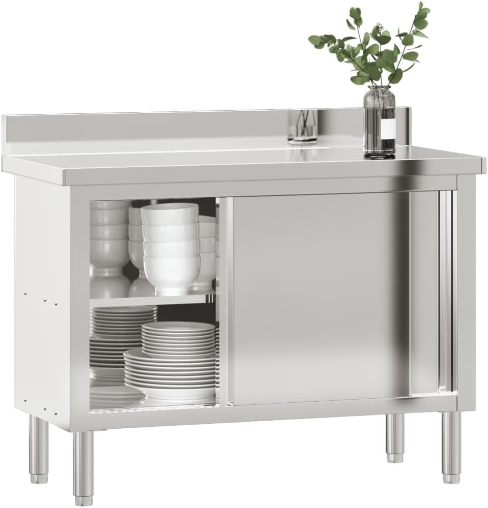 vidaXL Stainless Steel Kitchen Work Table with sliding doors open, showing internal storage