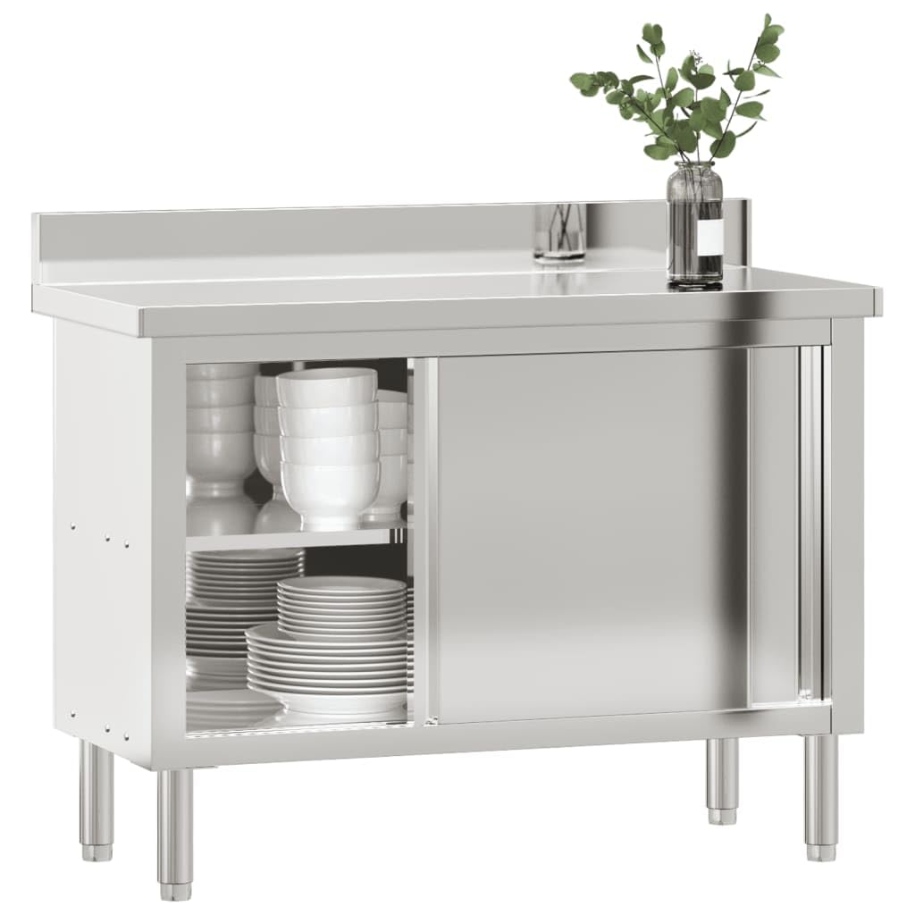Mesa de trabajo de cocina de acero inoxidable con puertas correderas, 110 x 50 x 90 cm, 2 puertas, para gastronomía, restaurante, cocina, catering, hotel, bar, cafetería, cantina, encimera