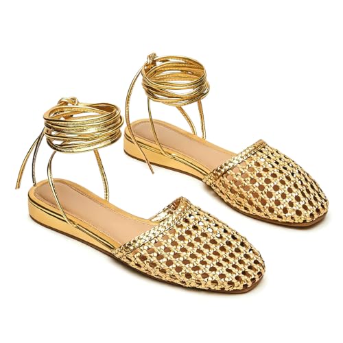 Image of Woven Ballet Flats for Women Lace Up Closed Square Toe Summer Sandals Dressy Shoes